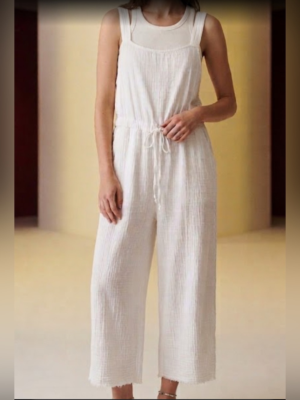 Stark X White Cotton Gauze Wide-Leg Sleeveless Jumpsuit Drawstring Waist S